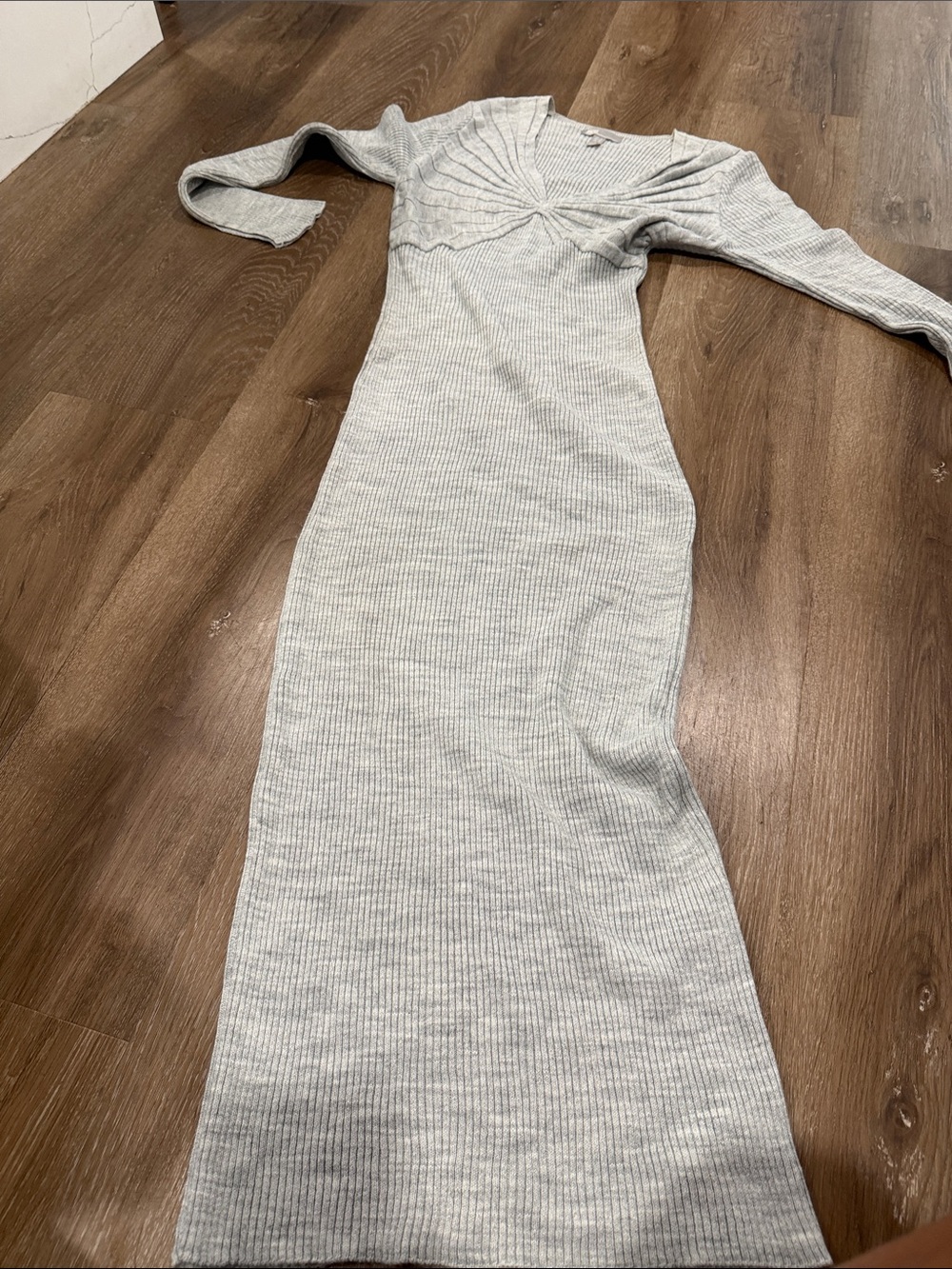 ASOS Light Grey Ribbed Twist-Front Long Sleeve Dress